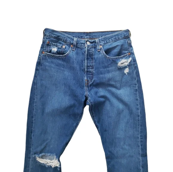 Levi's 501 Skinny Premium Jeans Big "E" Denim Blue Wash Distressed Size 30 hi Ri - Picture 7 of 16